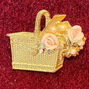 Vintage Basket Brooch w/ Porcelain Roses & Pearls